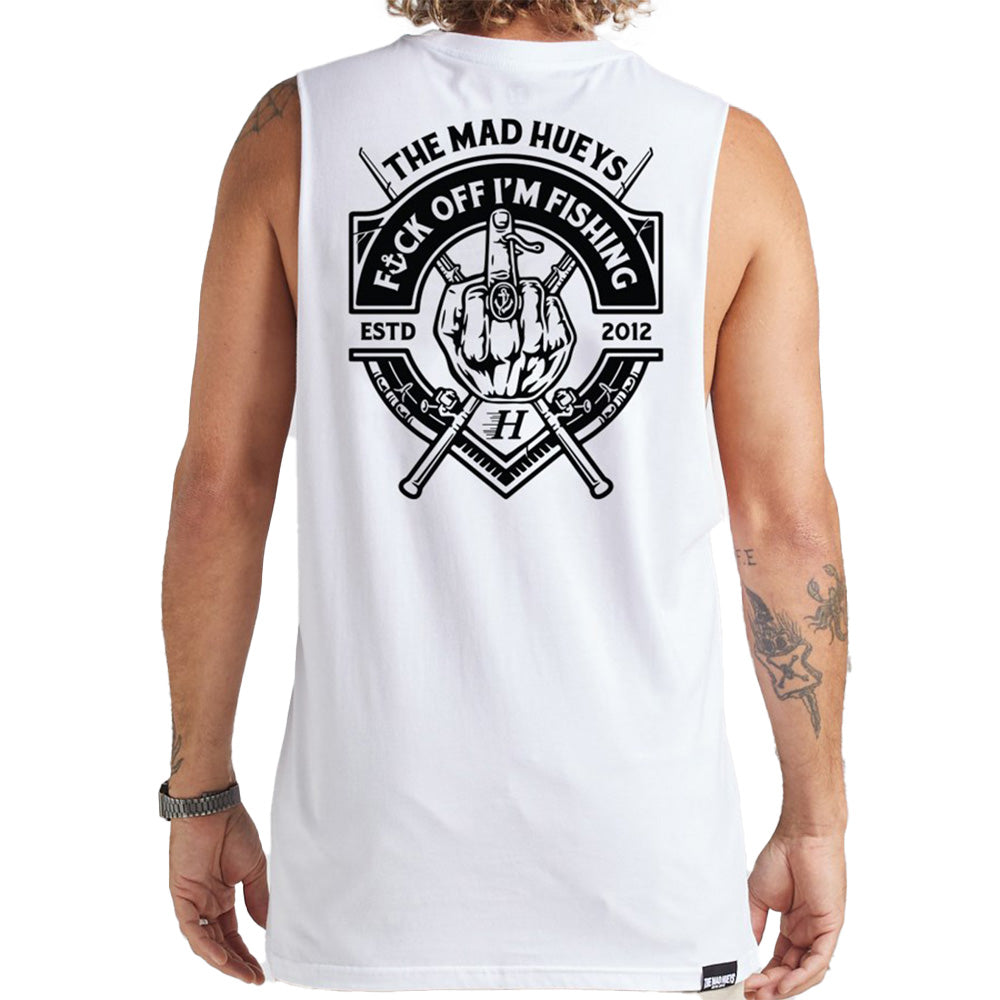 Mad Hueys F**k Off I'm Fishing Muscle Singlet White — men's fishing singlet with bold print, available at Freeride Surf & Skate NZ.