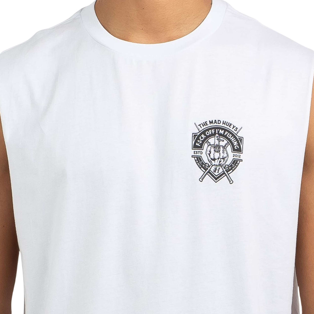 Mad Hueys F**k Off I'm Fishing Muscle Singlet White — men's fishing singlet with bold print, available at Freeride Surf & Skate NZ.
