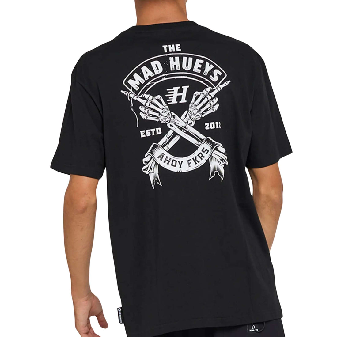 Mad Hueys FKRS Ahoy Tee in Black — men’s cotton T-shirt with chest and back FKRS Ahoy graphics, available at Freeride Surf & Skate NZ.