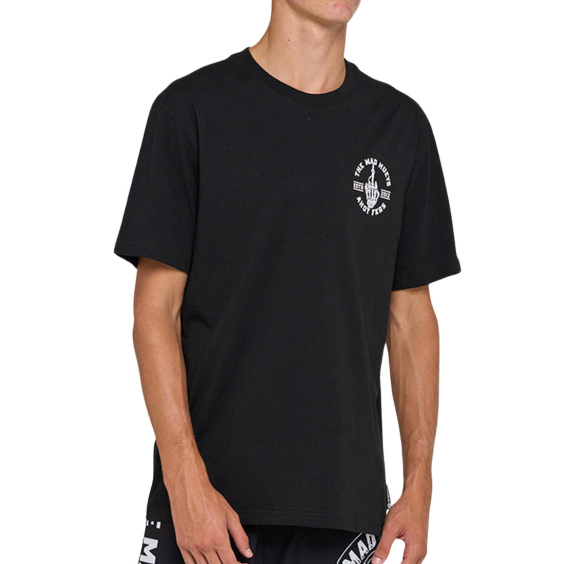 Mad Hueys FKRS Ahoy Tee in Black — men’s cotton T-shirt with chest and back FKRS Ahoy graphics, available at Freeride Surf & Skate NZ.