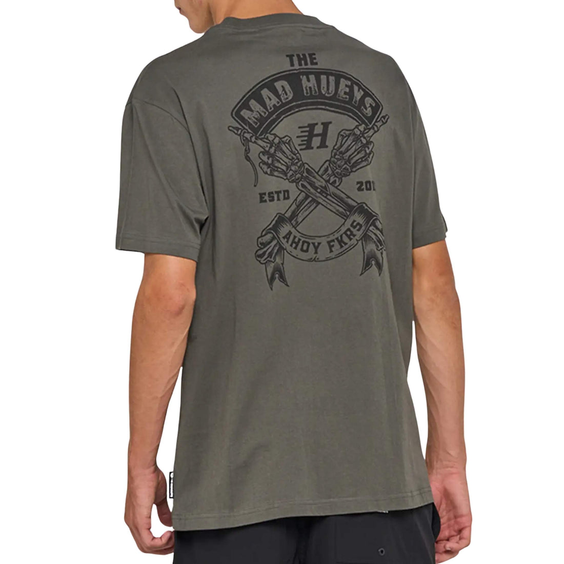Mad Hueys FKRS Ahoy Tee Charcoal — men’s cotton surf tee with FKRS graphic, available at Freeride Surf & Skate NZ.