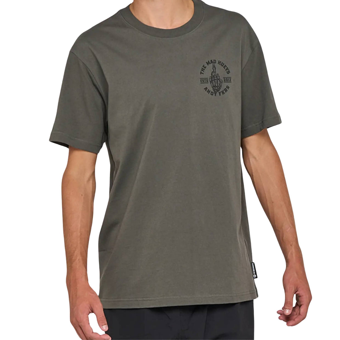 Mad Hueys FKRS Ahoy Tee Charcoal — men’s cotton surf tee with FKRS graphic, available at Freeride Surf & Skate NZ.
