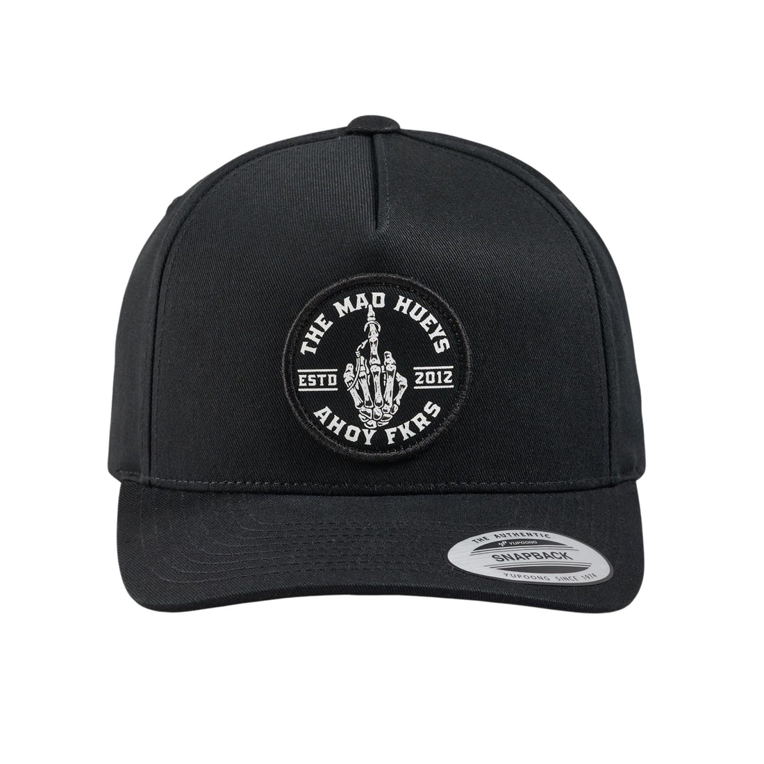 Mad Hueys FKRS Ahoy Twill Snapback in black — structured twill hat with FKRS Ahoy embroidery, available at Freeride Surf & Skate NZ.