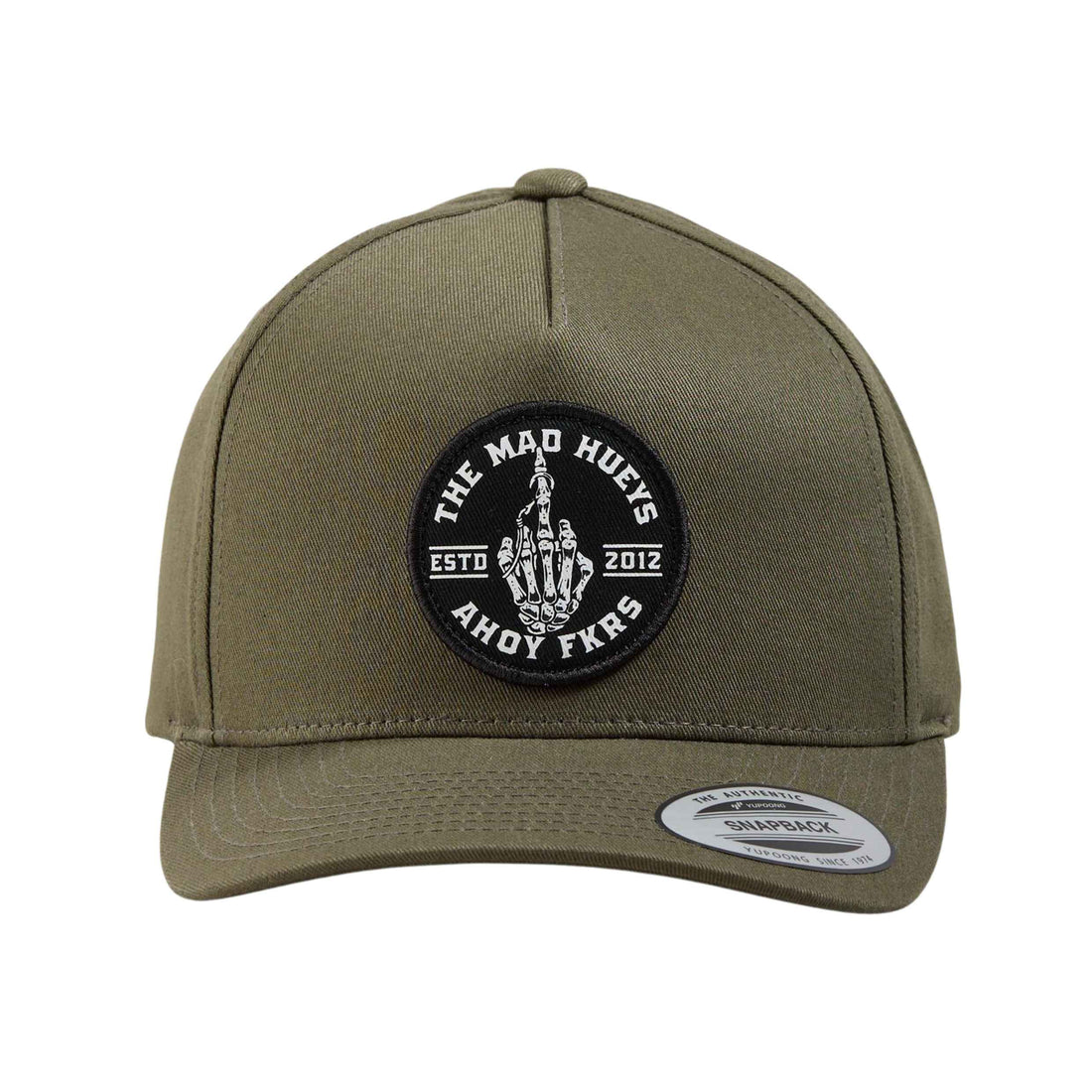 Mad Hueys FKRS Ahoy Twill Snapback Olive — cotton twill snapback with embroidered patch, available at Freeride Surf & Skate NZ.