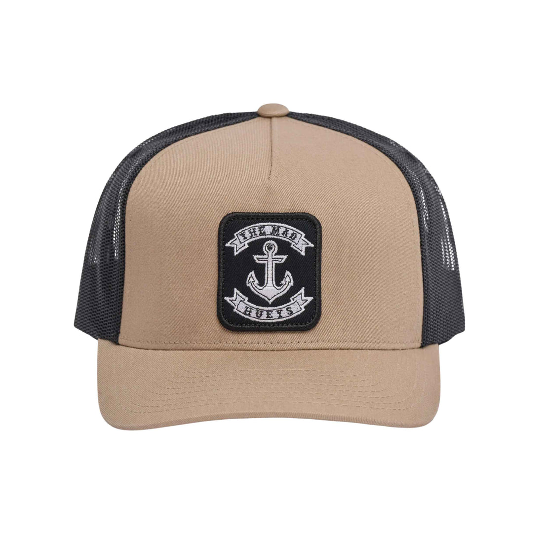 Mad Hueys OG Anchor Twill Trucker Cap in Tan with Anchor badge on the twill front, breathable mesh back panels and adjustable closure.