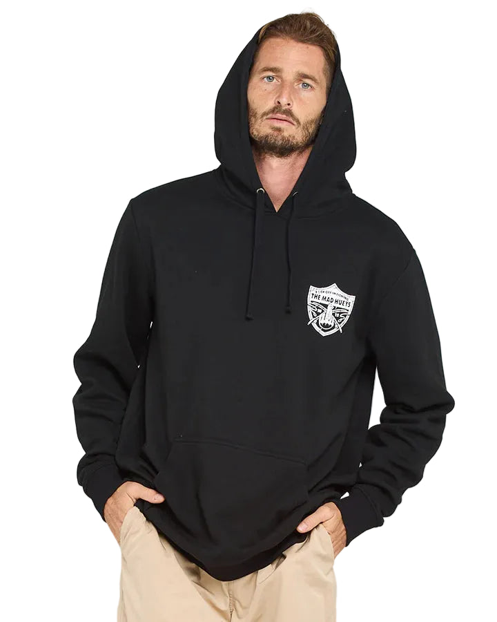 Mad Hueys Raider FK Off Fishing Pullover black hoodie available at Freeride Surf & Skate NZ.