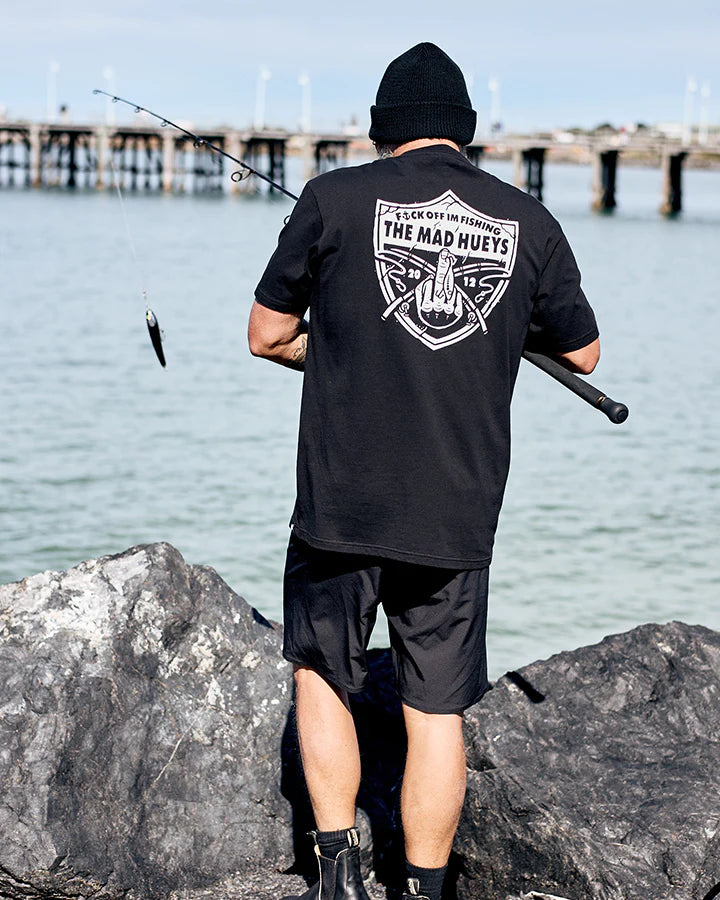 Mad Hueys Raider FK Off Fishing Tee in Black available at Freeride Surf & Skate NZ.