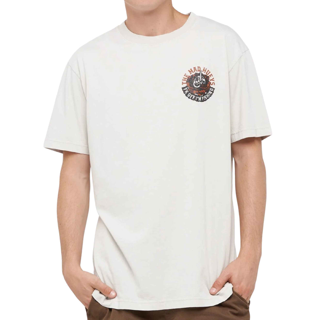 Mad Hueys Shield FK Off Tee in Smoke Washed with short sleeves, front chest graphic and large Shield FK Off graphic printed on the back.