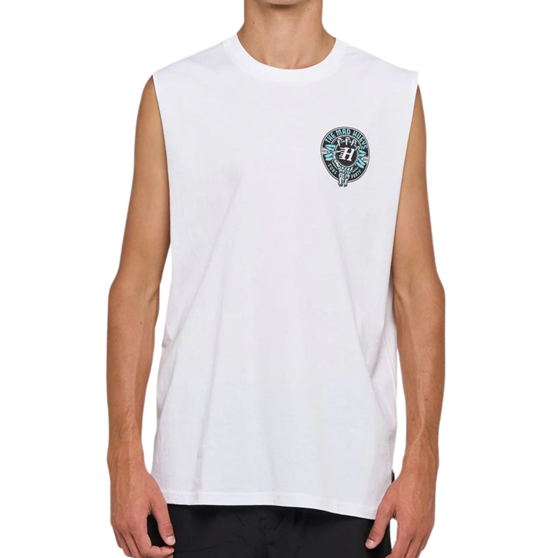Mad Hueys Surf Hueys Muscle Singlet — breathable cotton surf muscle tee with Surf Hueys graphic, available at Freeride Surf & Skate NZ.