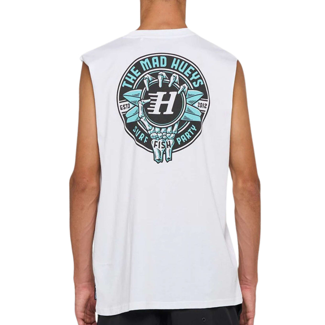 Mad Hueys Surf Hueys Muscle Singlet — breathable cotton surf muscle tee with Surf Hueys graphic, available at Freeride Surf & Skate NZ.