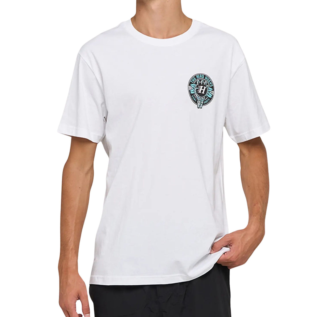 Mad Hueys Surf Hueys Tee White — classic white surf t-shirt with Surf Hueys front graphic, available at Freeride Surf & Skate NZ.