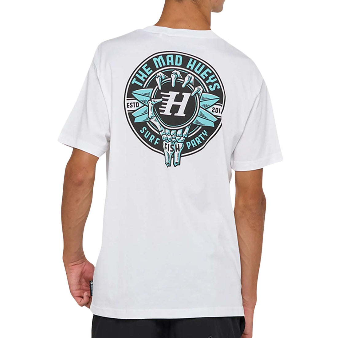 Mad Hueys Surf Hueys Tee White — classic white surf t-shirt with Surf Hueys front graphic, available at Freeride Surf & Skate NZ.
