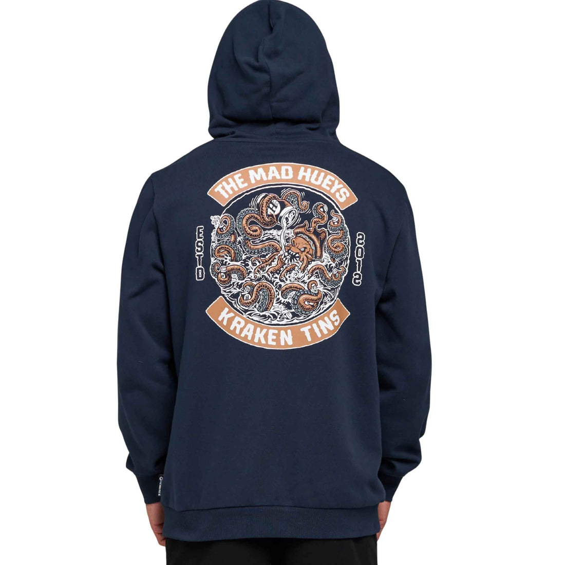Mad Hueys Tins Kraken Hooded Pullover navy hoodie available at Freeride Surf & Skate NZ.