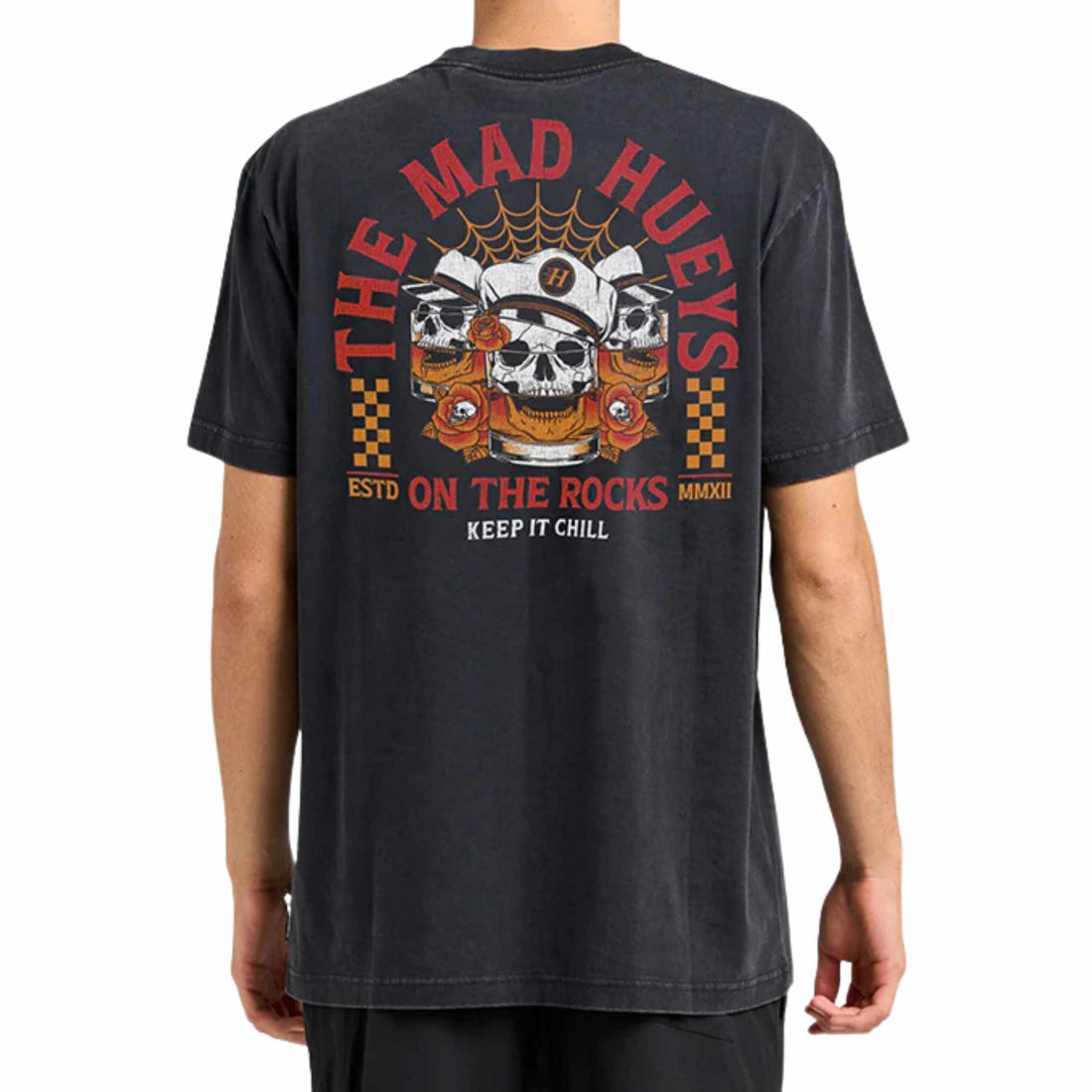 Mad Hueys Triple On The Rocks tee washed black mens graphic t shirt available at Freeride Surf & Skate NZ.