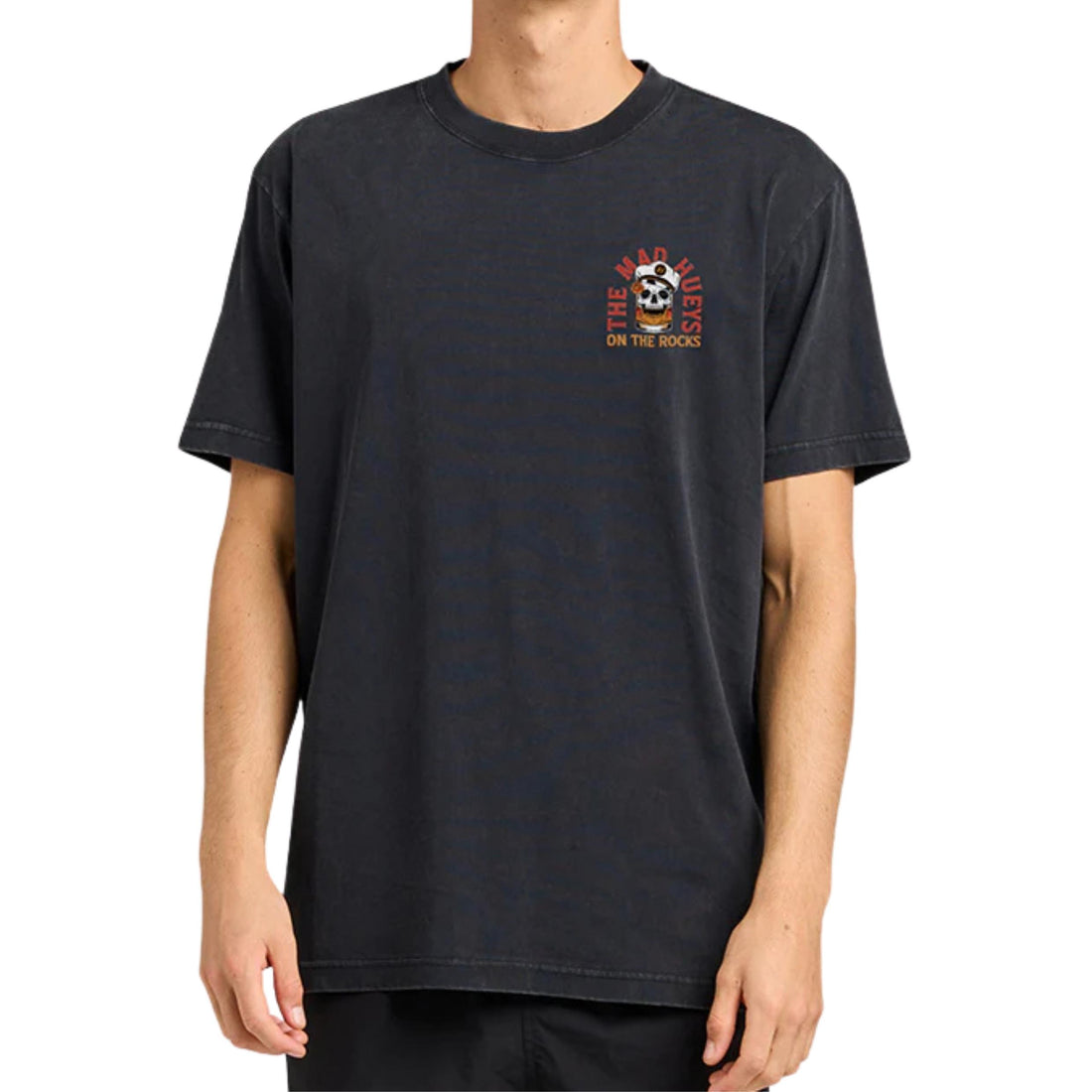Mad Hueys Triple On The Rocks tee washed black mens graphic t shirt available at Freeride Surf & Skate NZ.
