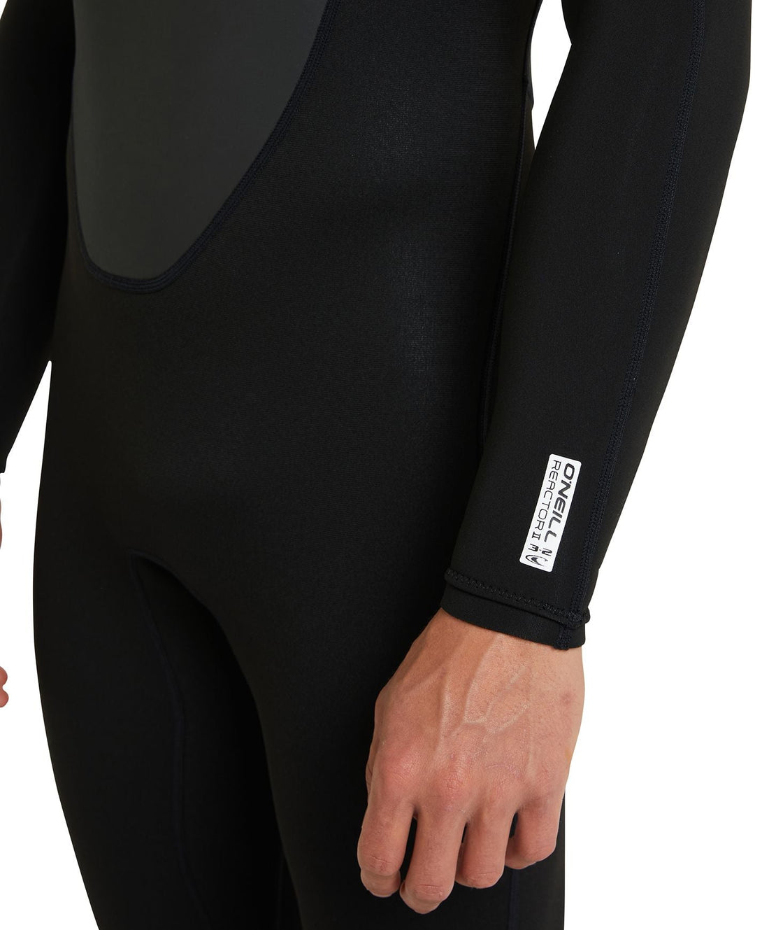 Arm view of O'Neill Reactor II men’s 3/2mm black wetsuit, long arm and long leg design at Freeride Surf & Skate NZ