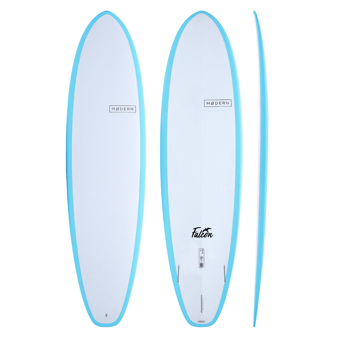 he Modern Falcon is now available in TMRW TECH construction - blending mid-length versatility with materials engineered to tread lighter on the planet. This board features a durable, flexible 100% recycled TPU outer shell, a shaped core wrapped in fiberglass and bio-epoxy resin. It rides with the familiar flow and responsiveness of traditional PU, but it’s built to handle the knocks and pressures that often sideline other boards.