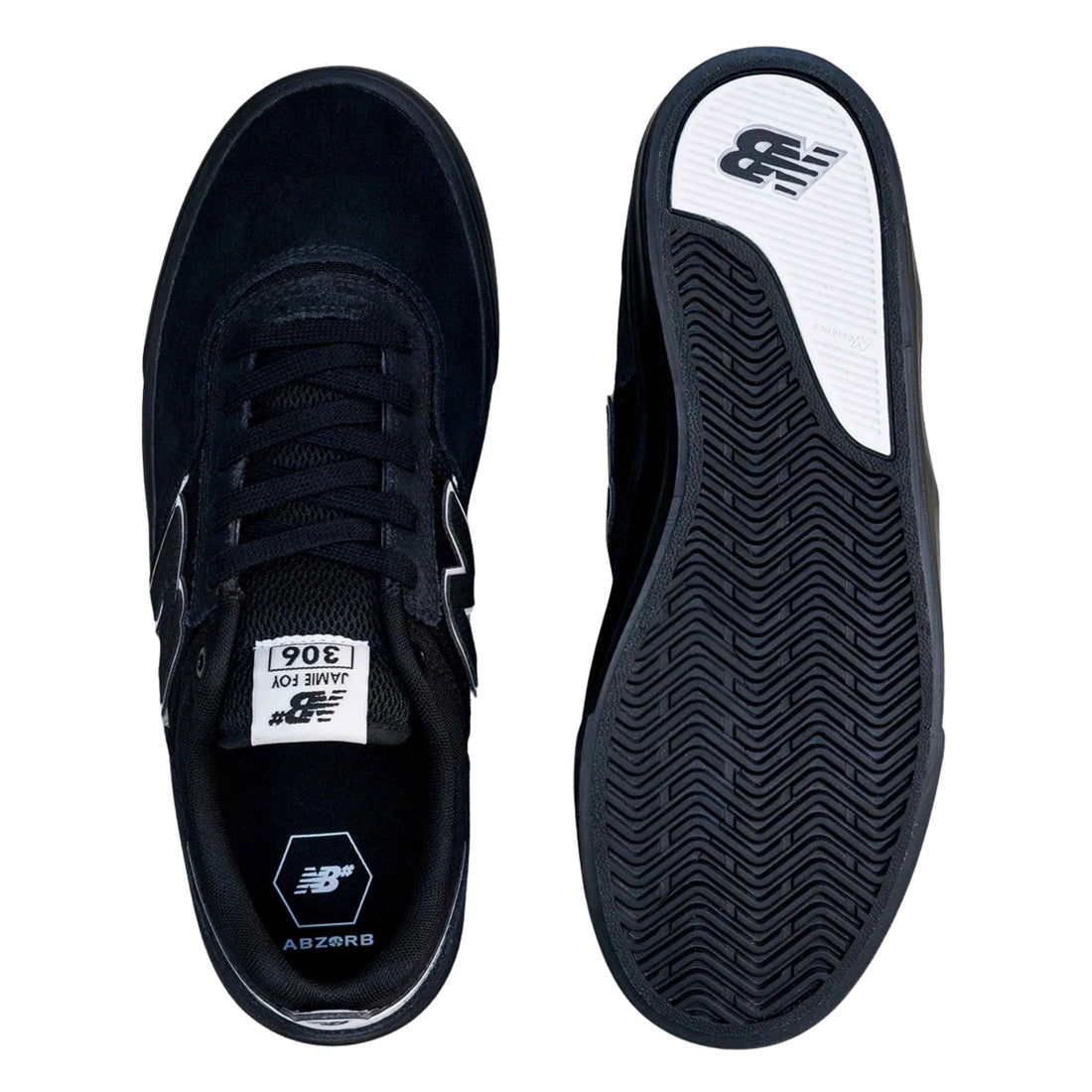 New Balance Numeric 306 x Jamie Foy Skate Shoes in Black White with suede and mesh upper and vulcanised outsole, available at Freeride Surf & Skate NZ.