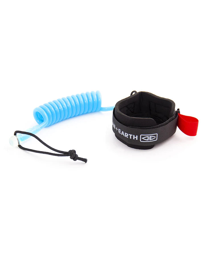 Ocean & Earth Bodyboard Wrist Coil Cord in blue — padded wrist cuff, urethane coil, and stainless steel swivels, available at Freeride Surf & Skate NZ.