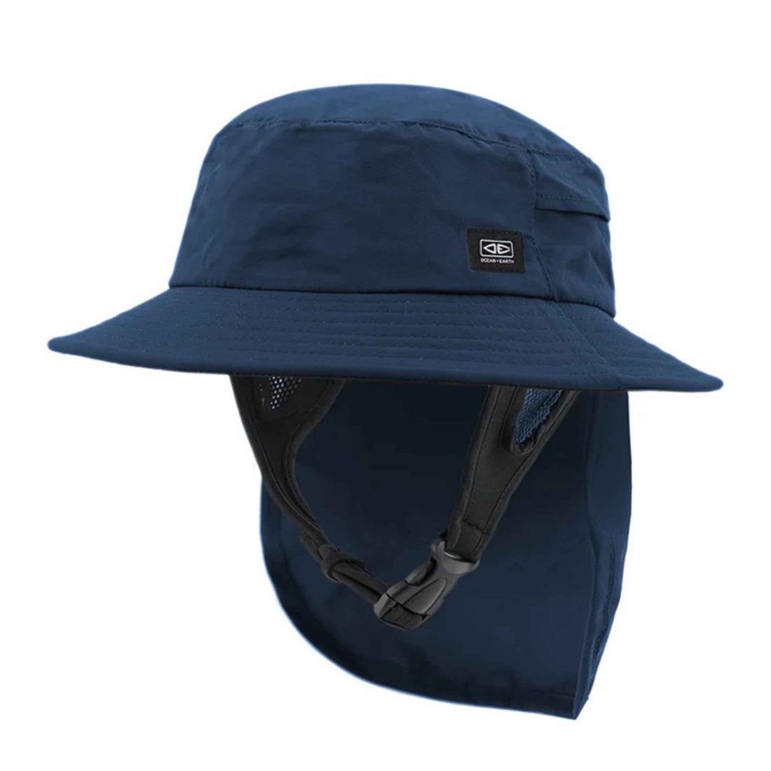 Ocean & Earth Indo Stiff Peak Unisex Surf Hat in Navy Blue featuring UPF 50+ sun protection, wide flip-up brim, adjustable chin strap and removable neck flap, available at Freeride Surf & Skate NZ.