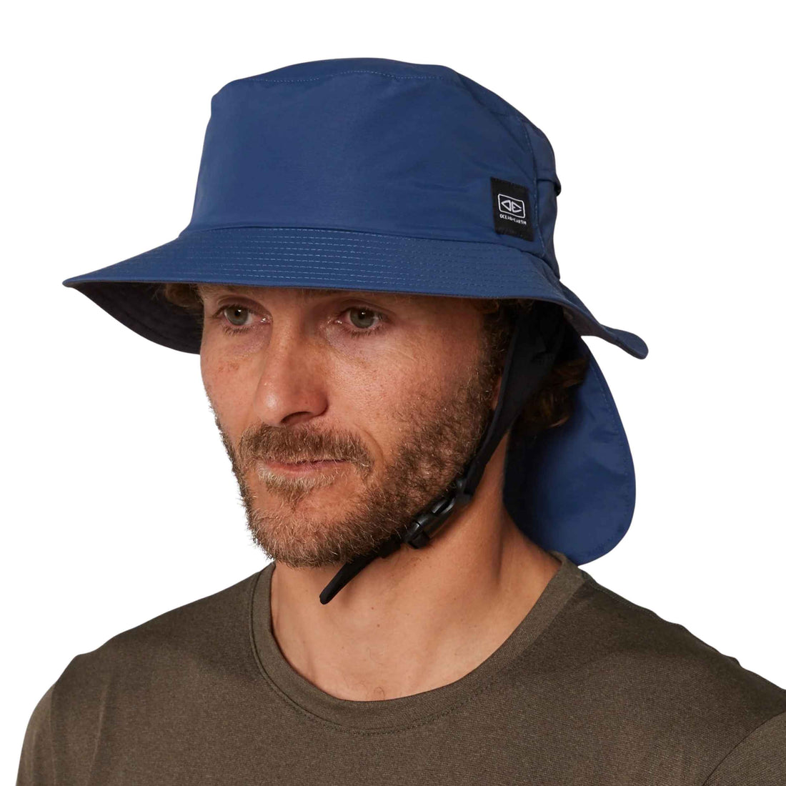 Ocean & Earth Indo Stiff Peak Unisex Surf Hat in Navy Blue featuring UPF 50+ sun protection, wide flip-up brim, adjustable chin strap and removable neck flap, available at Freeride Surf & Skate NZ.