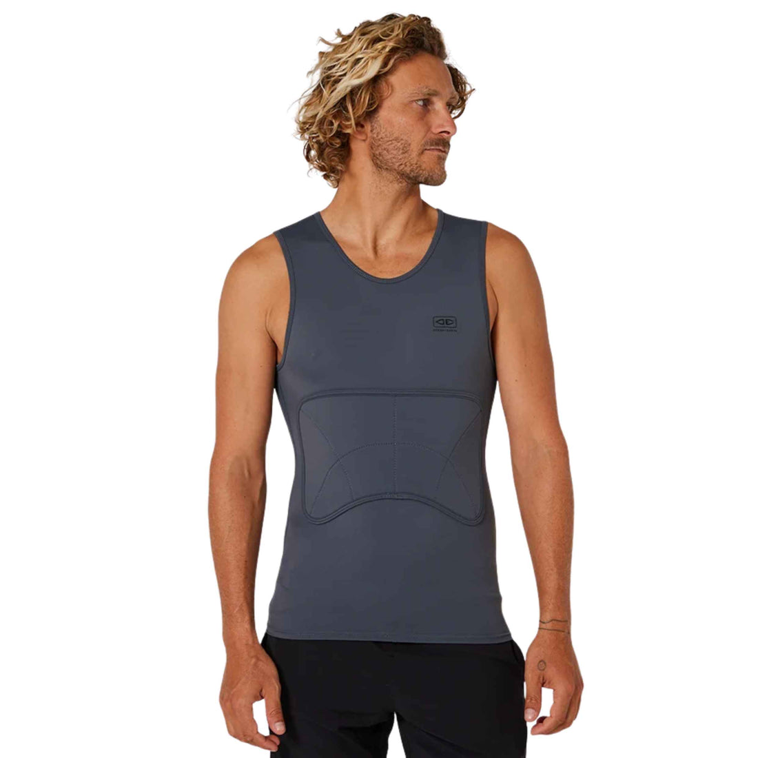 Ocean & Earth Rib Guard Padded Vest in Charcoal featuring lightweight neoprene foam ribcage padding, UPF 50+ sun protection and boardshort anchor loop, available at Freeride Surf & Skate NZ.