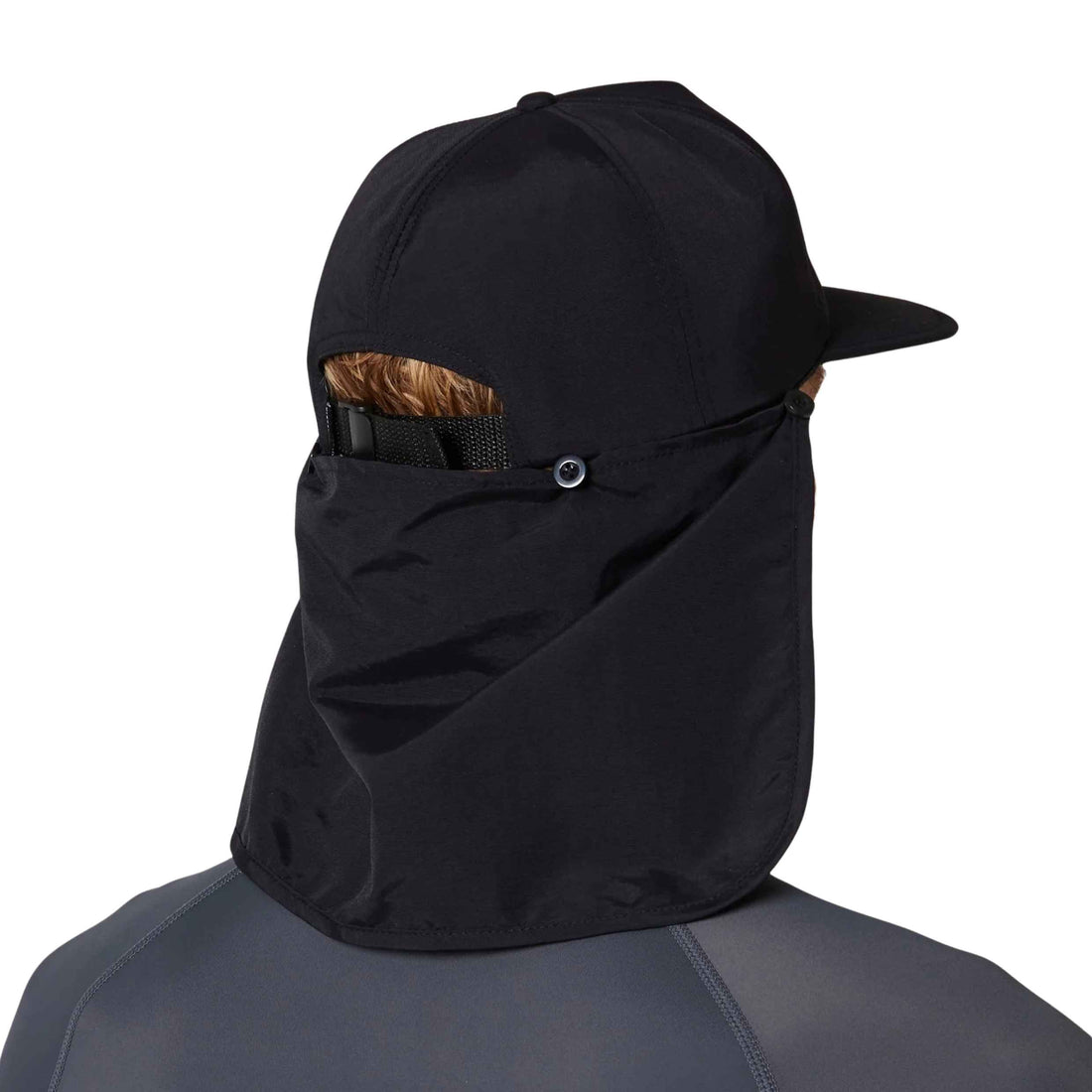 Ocean & Earth Bingin Strap Back Surf Cap in Black with UPF 50+ protection and legionnaire neck coverage, available at Freeride Surf & Skate NZ.