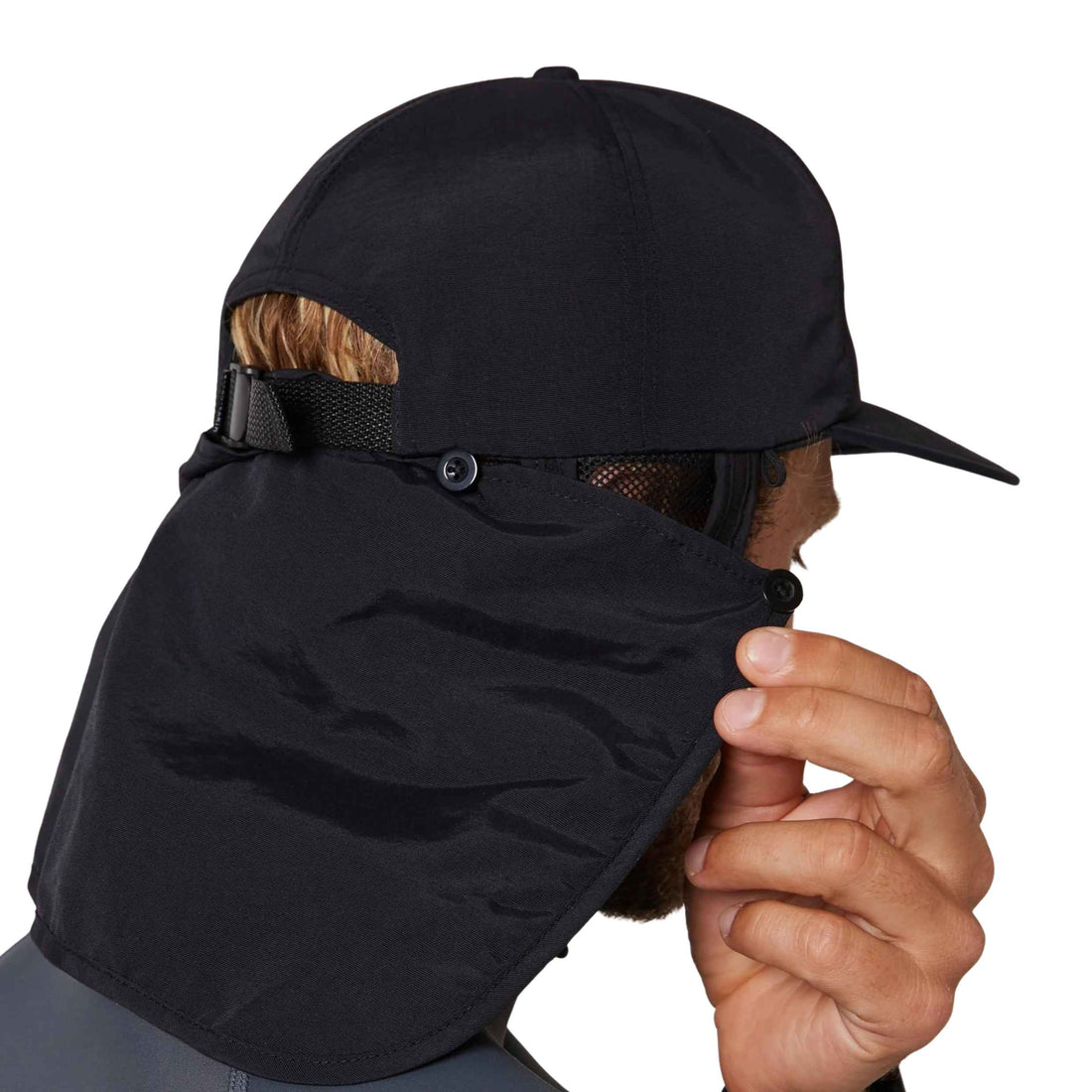 Ocean & Earth Bingin Strap Back Surf Cap in Black with UPF 50+ protection and legionnaire neck coverage, available at Freeride Surf & Skate NZ.