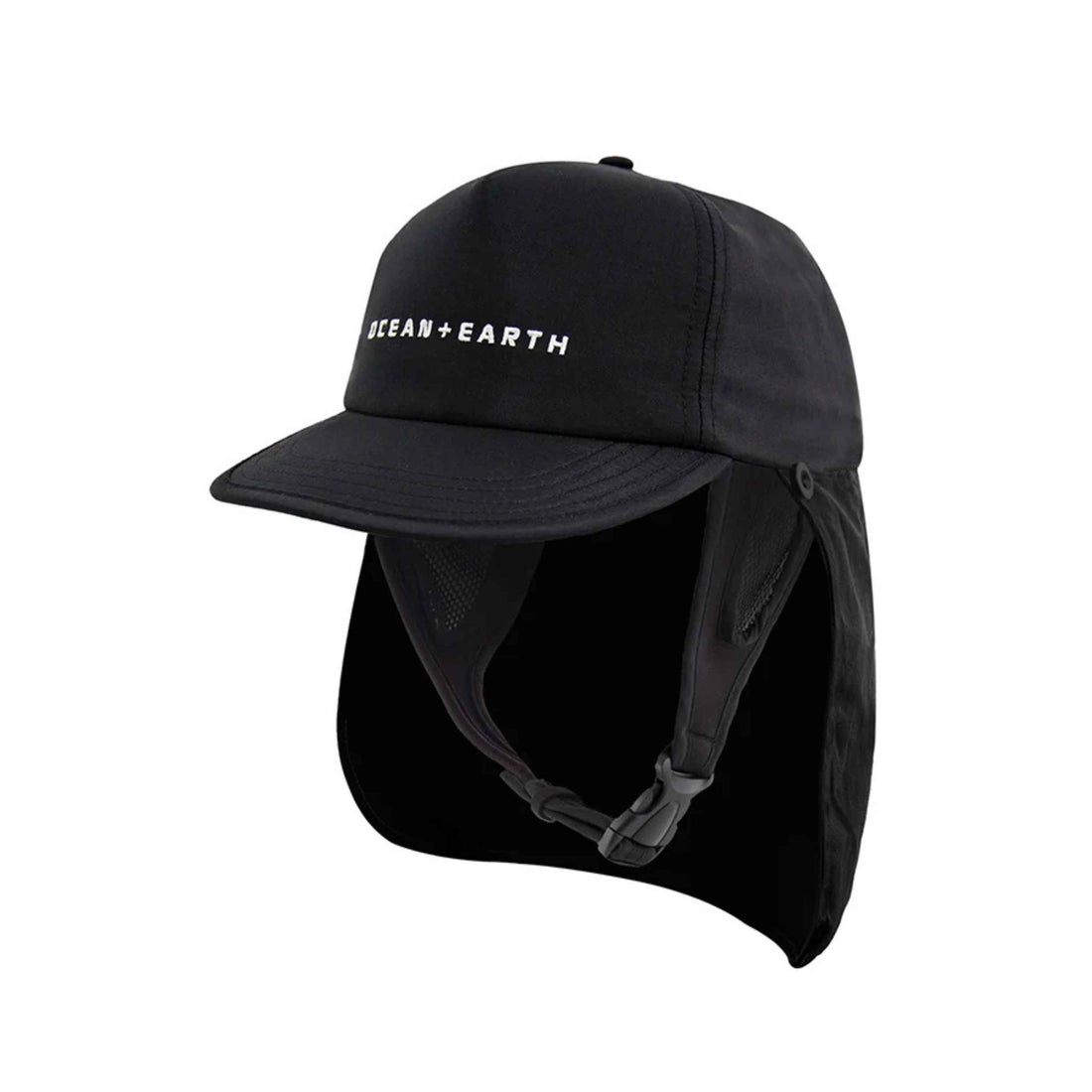 Ocean & Earth Bingin Strap Back Surf Cap in Black with UPF 50+ protection and legionnaire neck coverage, available at Freeride Surf & Skate NZ.