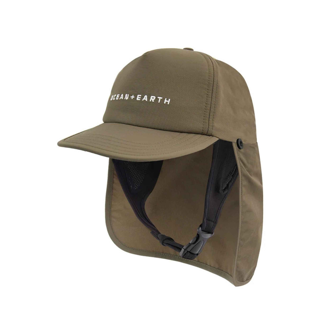 Shop the Ocean & Earth Bingin Strap Back Surf Cap in Olive with UPF 50+ protection, legionnaire coverage, soft brim and adjustable chin strap.