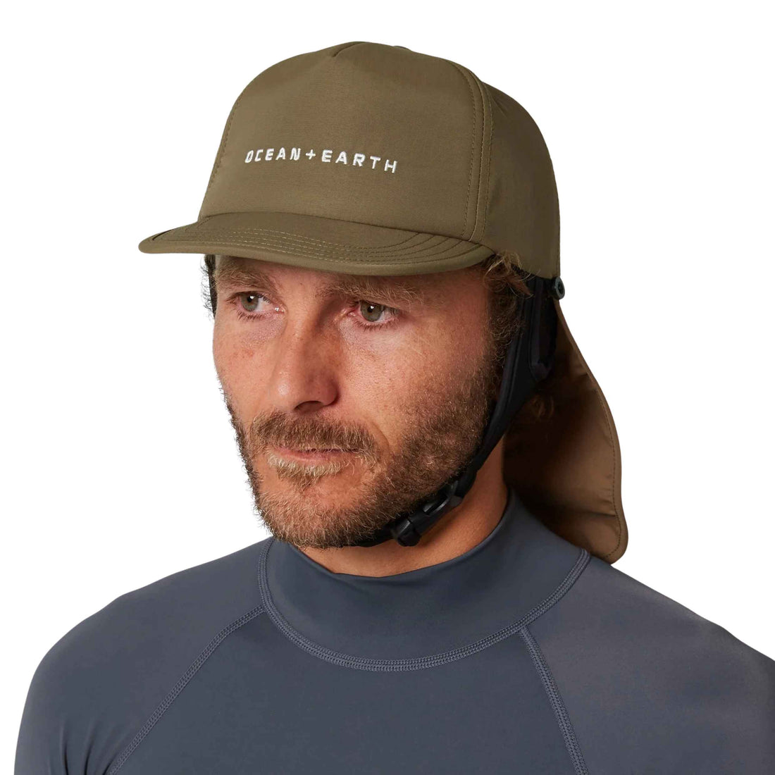 Shop the Ocean & Earth Bingin Strap Back Surf Cap in Olive with UPF 50+ protection, legionnaire coverage, soft brim and adjustable chin strap.