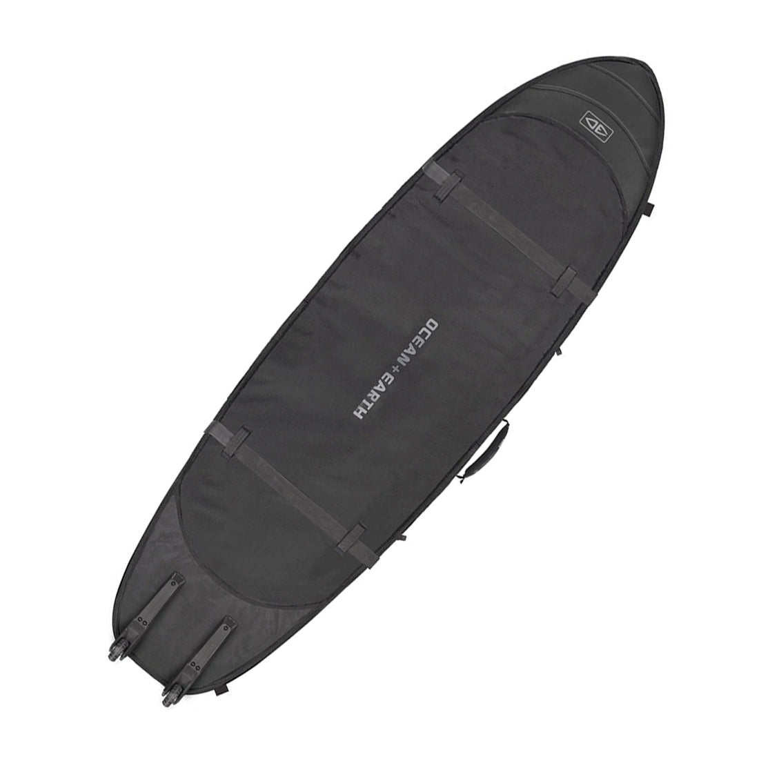 A black ocean and earth surfboard bag with wheels designed to carry three surfboards, featuring external compression straps, a shoulder strap, and heavy-duty zippers.
