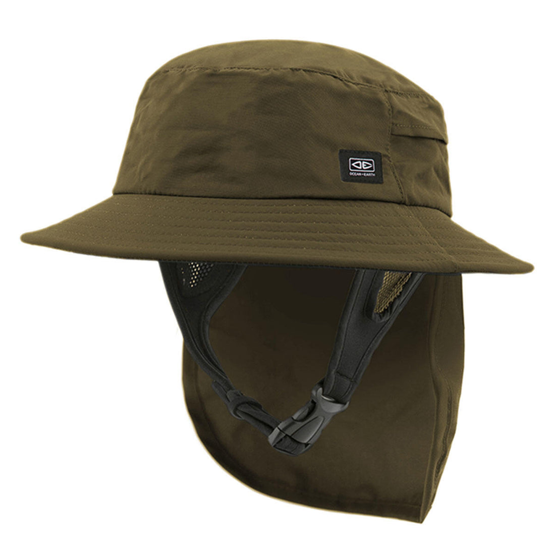 Ocean & Earth Indo Stiff Peak Surf Hat Olive — lightweight surf hat with stiff brim, UPF 50+ sun protection, and adjustable chin strap, available at Freeride Surf & Skate NZ.