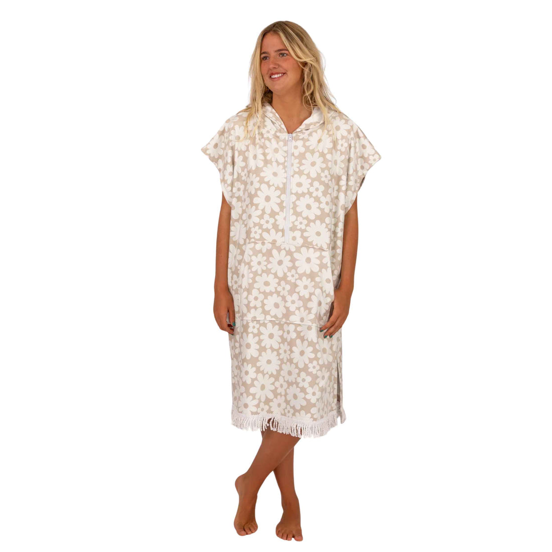 Ocean & Earth Ladies Daisy Zip Front Hooded Poncho Towel in Hazelnut with generous hood and front zip, available at Freeride Surf & Skate NZ.