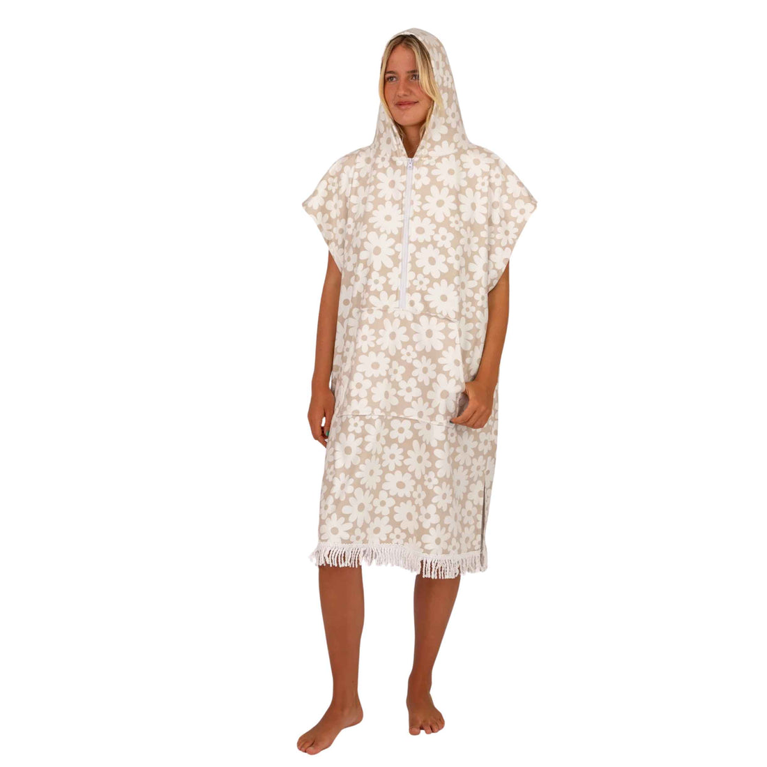 Ocean & Earth Ladies Daisy Zip Front Hooded Poncho Towel in Hazelnut with generous hood and front zip, available at Freeride Surf & Skate NZ.