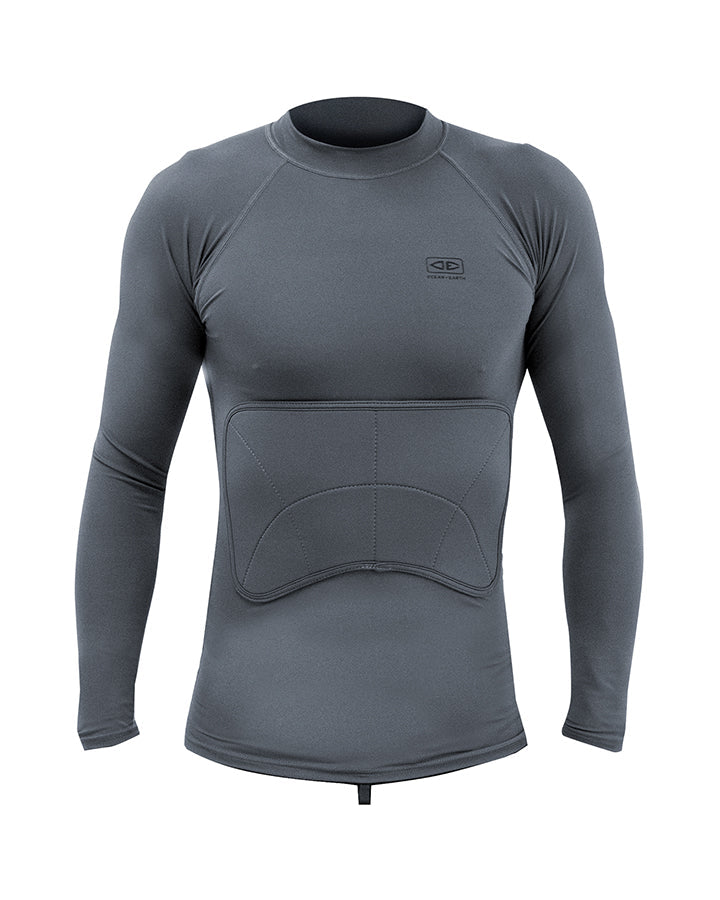 Ocean & Earth Rib Guard Padded Long Sleeve Lycra Top in Charcoal with neoprene rib padding and UPF 50+ protection, available at Freeride Surf & Skate NZ.