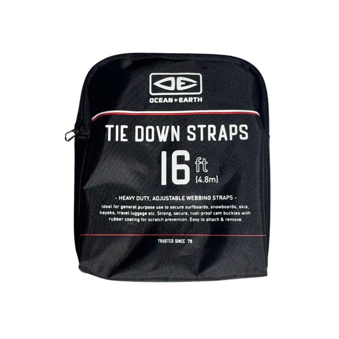 Ocean & Earth tie down roof rack straps 3.6m black with rubber cam buckle available at Freeride Surf & Skate NZ.