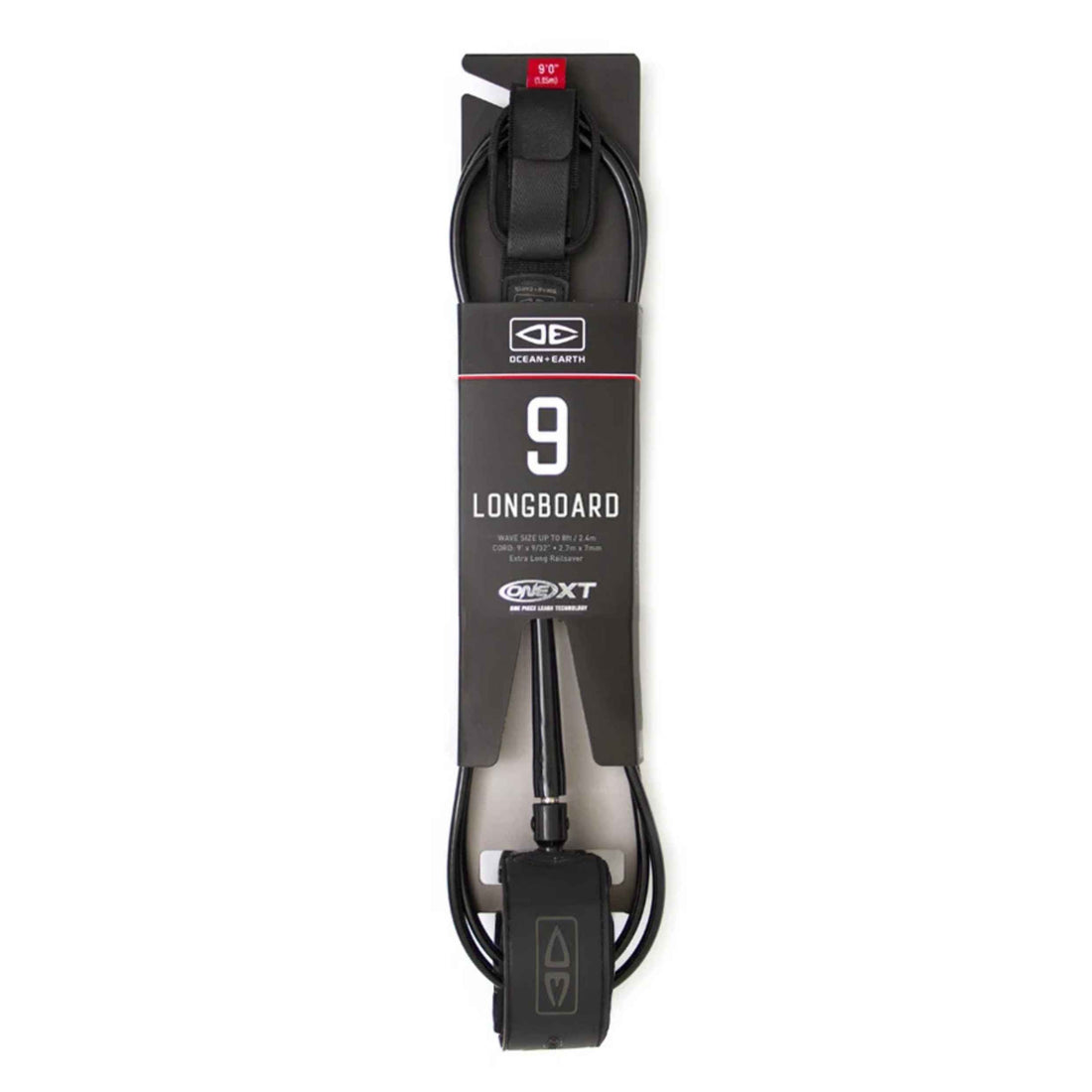 Ocean & Earth XT 9'0 One Piece Leash in Black with 7mm urethane cord and extra-long rail saver, available at Freeride Surf & Skate NZ.