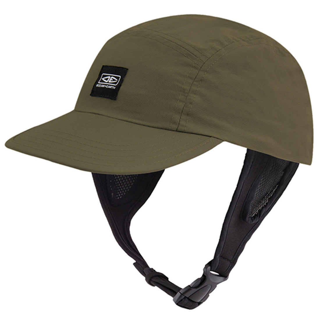 TECHNICAL FABRIC
Quick-drying, light weight fabric.

STIFF BRIM;
Maintains clear vision while surfing. Flips up for paddling.

PADDED NEOPRENE STRAP; MESH EAR PANEL;
Comfortable and flexible. Protects your ears from sunburn.