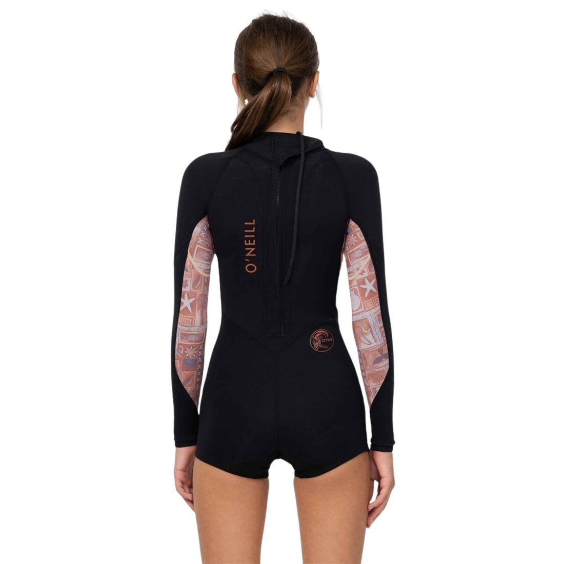 O'Neill Girls Bahia 2mm Long Sleeve Mid Springsuit in Tangerine Tile featuring UltraFlex DS neoprene, back zip entry and flatlock seams, available at Freeride Surf & Skate NZ.