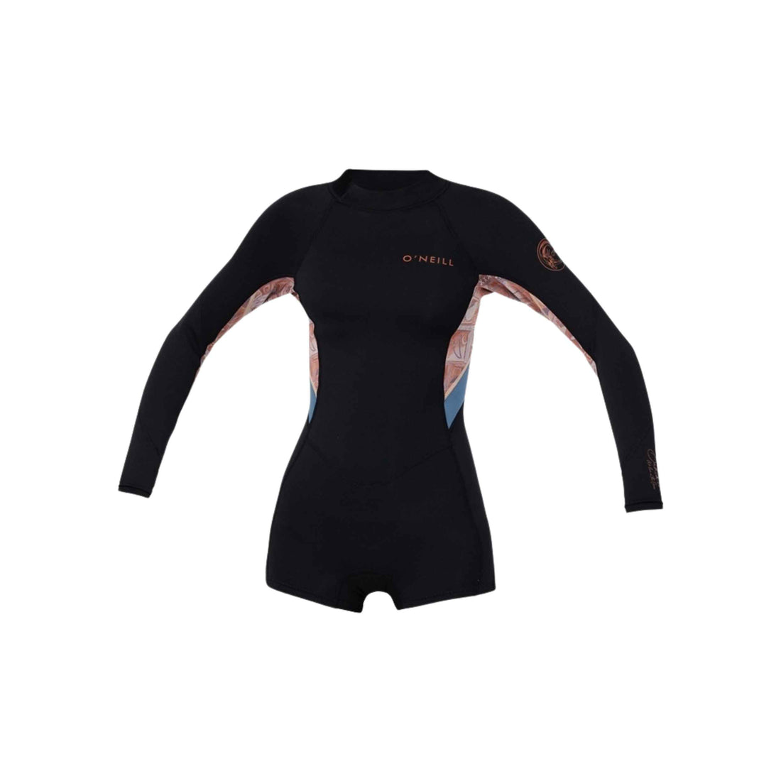 O'Neill Girls Bahia 2mm Long Sleeve Mid Springsuit in Tangerine Tile featuring UltraFlex DS neoprene, back zip entry and flatlock seams, available at Freeride Surf & Skate NZ.