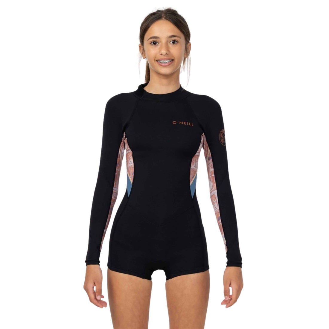 O'Neill Girls Bahia 2mm Long Sleeve Mid Springsuit in Tangerine Tile featuring UltraFlex DS neoprene, back zip entry and flatlock seams, available at Freeride Surf & Skate NZ.