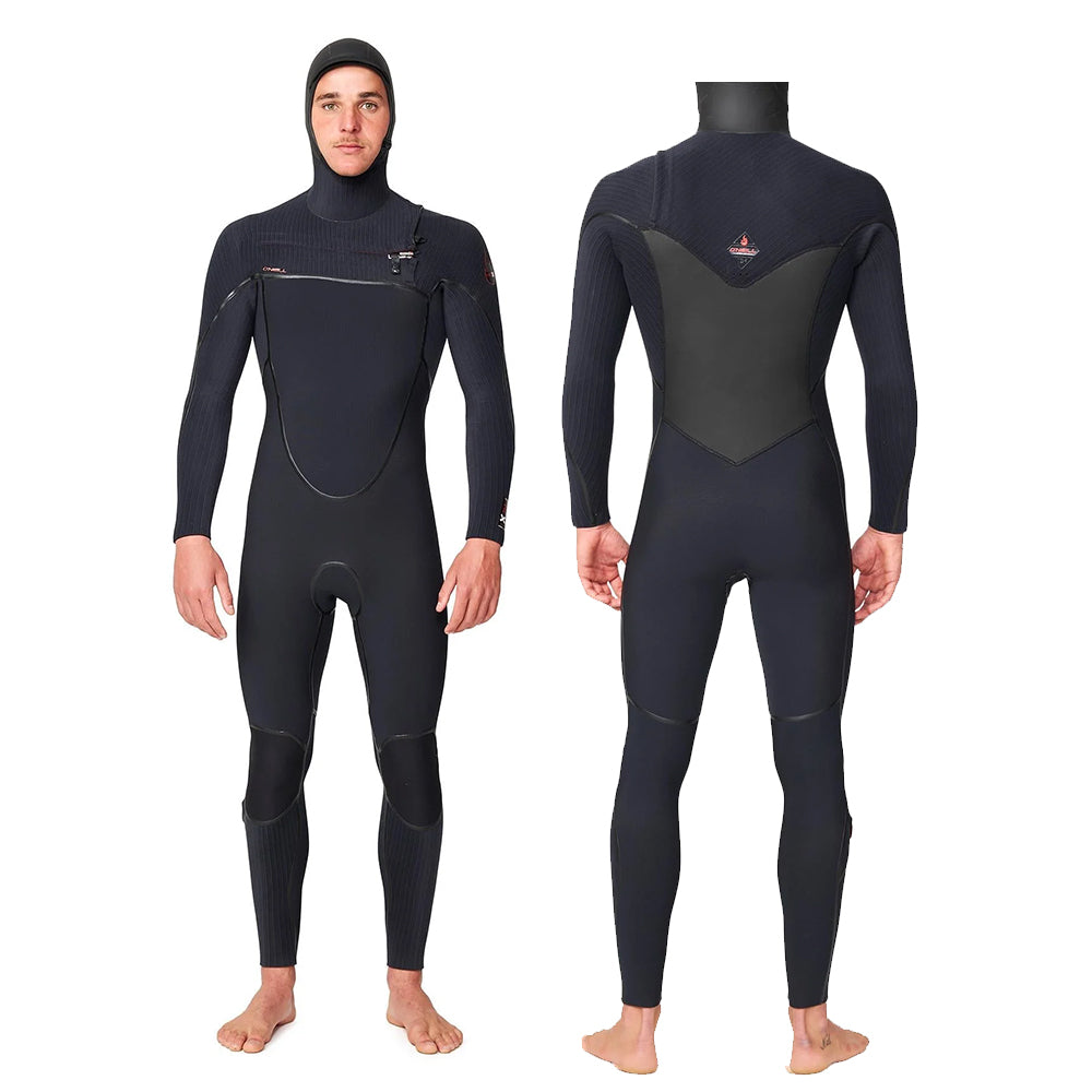 O’Neill men’s HyperFire X 5/4mm hooded chest zip steamer wetsuit with TB4X stretch and Fire Wall insulation, available at Freeride Surf & Skate NZ.