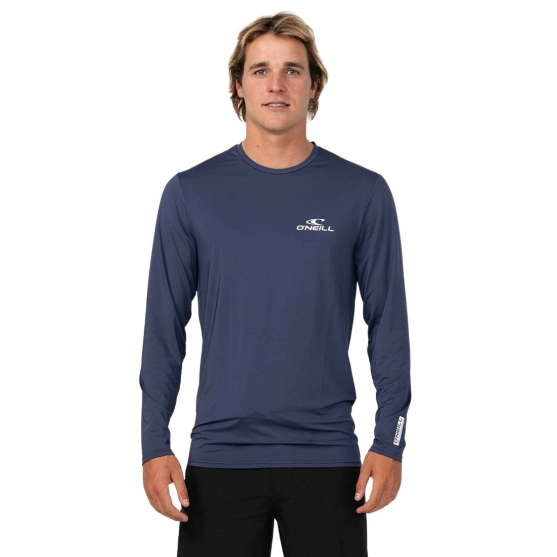 O'Neill Mens Clean & Mean Long Sleeve Rash Tee in Navy featuring UPF 50+ sun protection, O'Neill graphics and comfortable flatlock seams, available at Freeride Surf & Skate NZ.