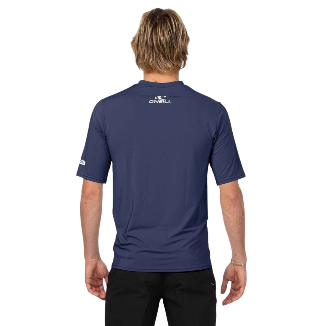 O'Neill Mens Clean & Mean Short Sleeve Rash Tee in Navy featuring UPF 50+ sun protection, O'Neill graphics and flatlock seams, available at Freeride Surf & Skate NZ.