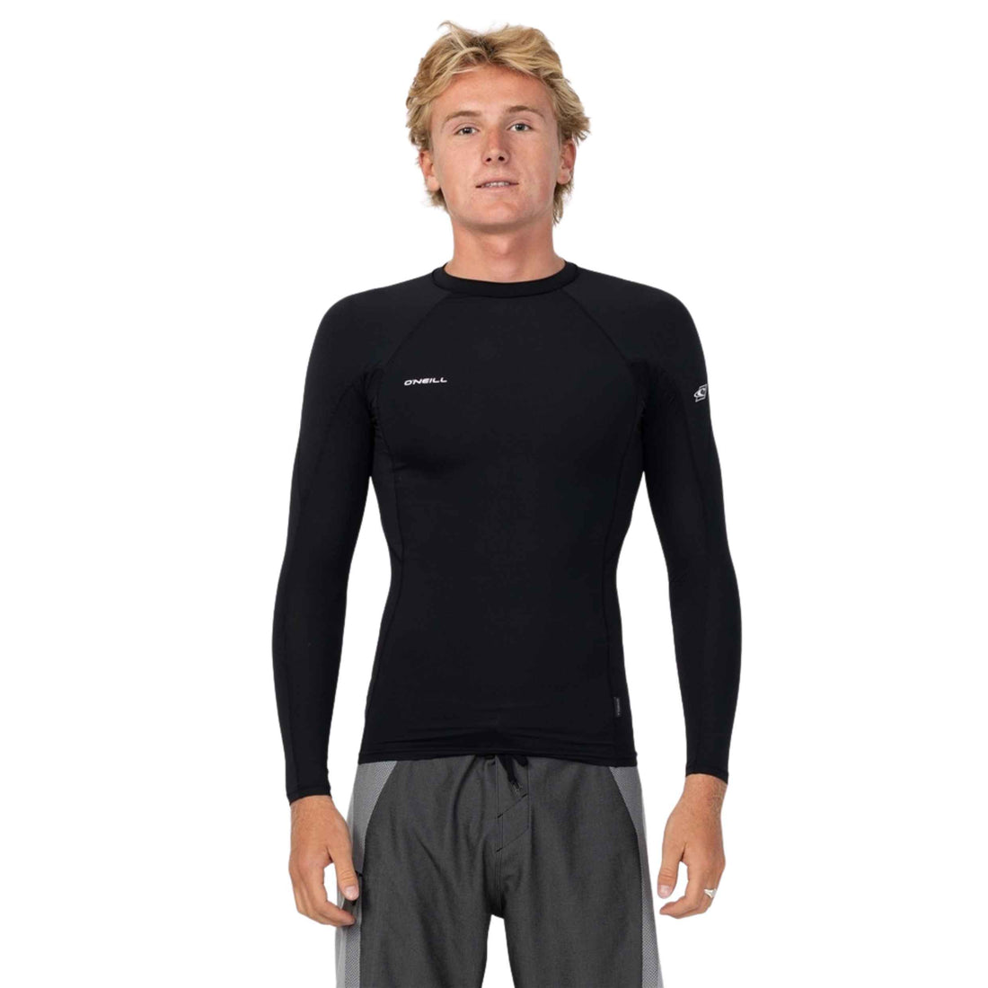 O'Neill Mens HyperFreak Skins Long Sleeve Rashguard in Black featuring UPF 50+ protection, TechnoButter Skin fabric, HyperDry technology and a tight performance fit, available at Freeride Surf & Skate NZ.