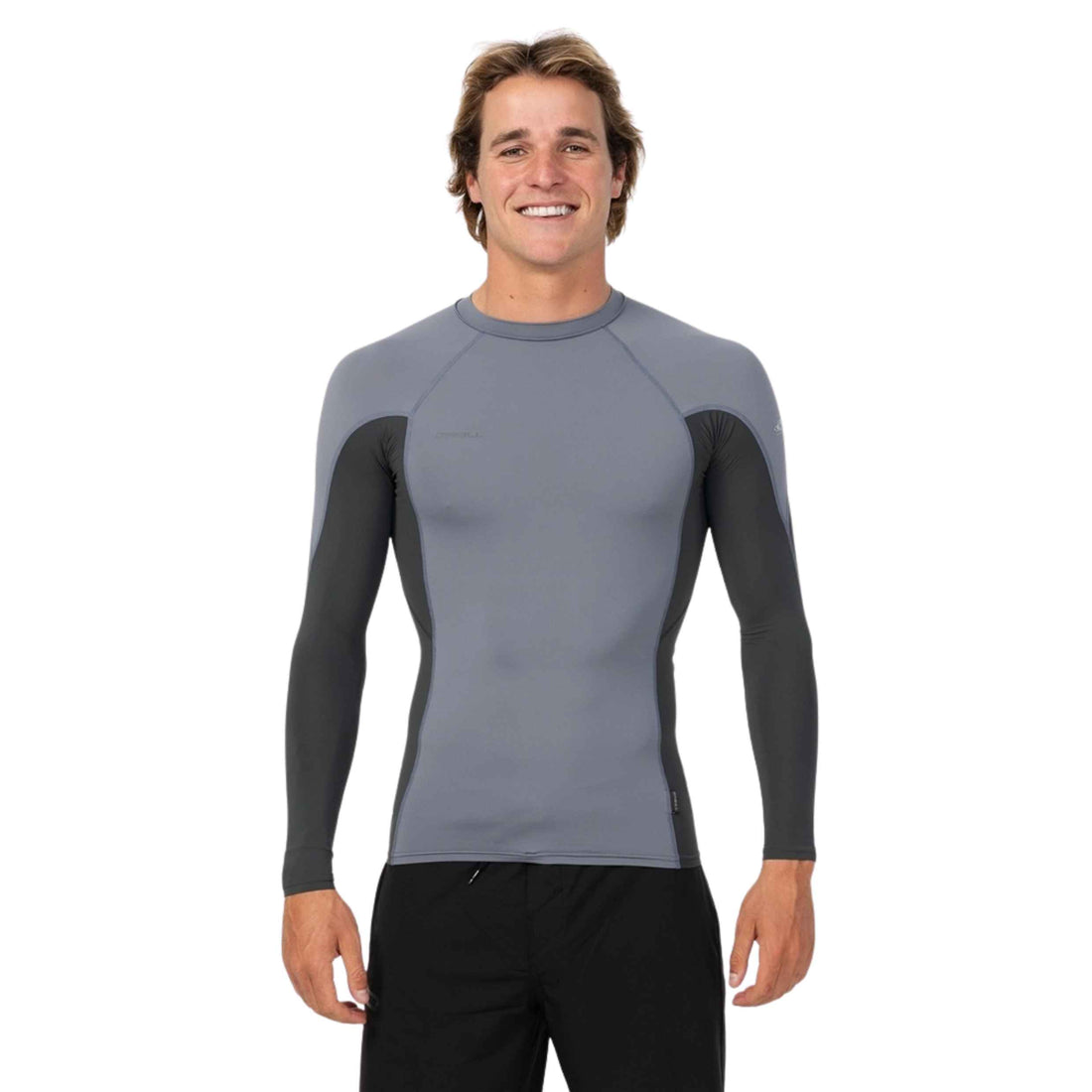 O'Neill Mens HyperFreak Skins Long Sleeve Rashguard in Dark Shadow featuring UPF 50+ protection, TechnoButter Skin fabric, HyperDry technology and a tight performance fit, available at Freeride Surf & Skate NZ.