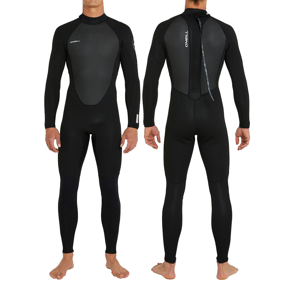 Front and Back view of O'Neill Reactor II men’s 3/2mm black wetsuit, long arm and long leg design. Available at Freeride Surf and Skate NZ 