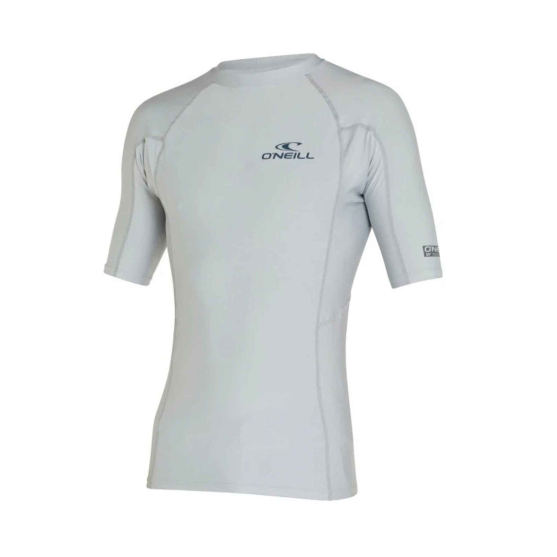 A light gray short-sleeve athletic rash guard by O'Neill, featuring a black printed logo on the left chest and a small tag on the right sleeve, displayed on a solid white background.