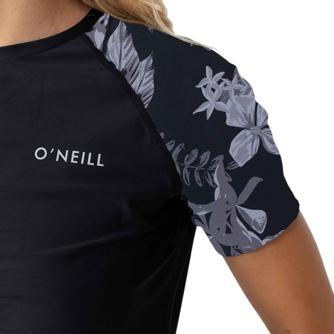 O'Neill Salina Short Sleeve Surf Tee in Tropic Noir with UPF 50+ protection and loose fit, available at Freeride Surf & Skate NZ.